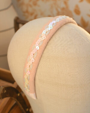 Serre-tête Alice Ballet en lin rose clair et croquet sequins blanc irisé Marie-Joséphine