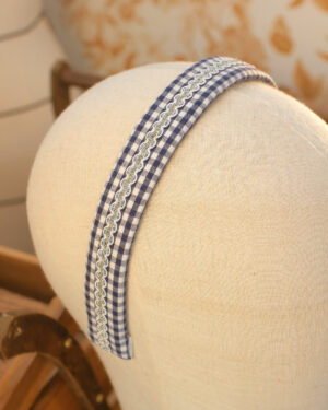 Serre-tête Alice Fifties petit vichy bleu et blanc croquet brillant blanc et argenté Marie-Joséphine