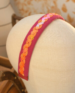 Serre-tête Alice Hibiscus sergé coton fuchsia et croquet sequin néon orange Marie-Joséphine