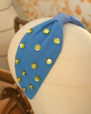 Serre-tête Elisabeth Côte d'azur lin bleu coton bleu sequins jaune citrus Marie Joséphine
