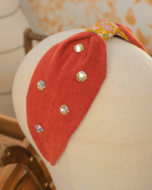 Serre-tête Elisabette lumière d'automne velours milleraies rouille coton fleuri moutarde cristaux autrichiens verts clairs