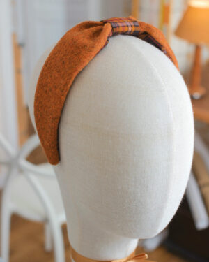 Serre-tête Constance Pumpkin Marie-Joséphine lainage citrouille chiné et tartan orange rose et brun