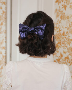 Barrette clip grand noeud Joséphine sequins bleu marine et velours bleu nuit Marie-Joséphine