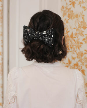 Barrette clip grand noeud Joséphine tweed noir sequins et perles Marie-Joséphine